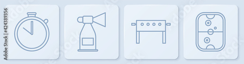 Set line Stopwatch, Hockey table, Air horn and Air hockey table. White square button. Vector