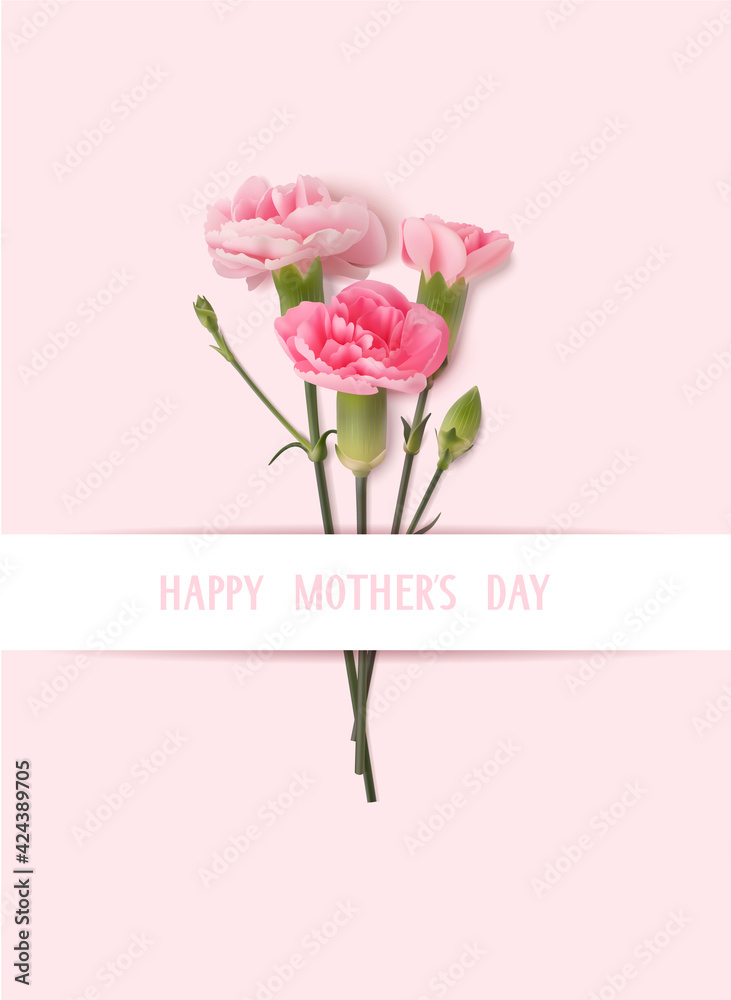 Happy Mothers day greeting text. Holiday design template with realistic pink carnation flowers on pink background. Vector stock illustration. Happy Mothers day greeting text. Holiday design template with realistic pink carnation flowers on pink background. Vector stock illustration.