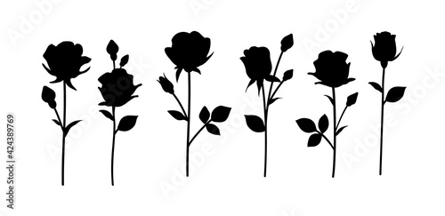 Flower icon. Set of decorative garden rose with bud and leaves silhouette isolated on white. Vector stock illustration.	