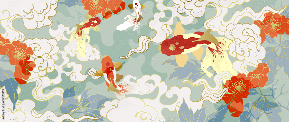 Luxury gold oriental style background vector. Chinese and Japanese oriental line art with golden texture. Wallpaper design with flower and koi carp fish. Ocean and wave wall art. Vector illustration.