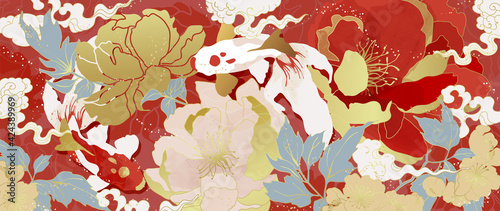 Luxury gold oriental style background vector. Chinese and Japanese oriental line art with golden texture. Wallpaper design with flower and koi carp fish. Ocean and wave wall art. Vector illustration.