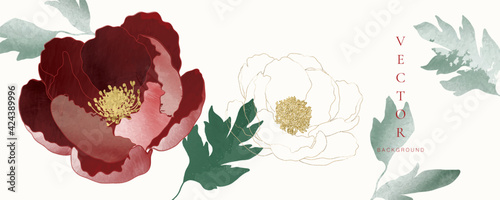 minimal background in red peony  flowers and tropical summer leaf