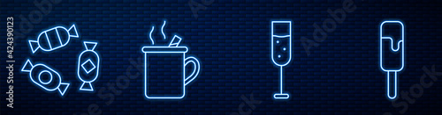 Set line Glass of champagne, Candy, Mulled wine and Ice cream. Glowing neon icon on brick wall. Vector