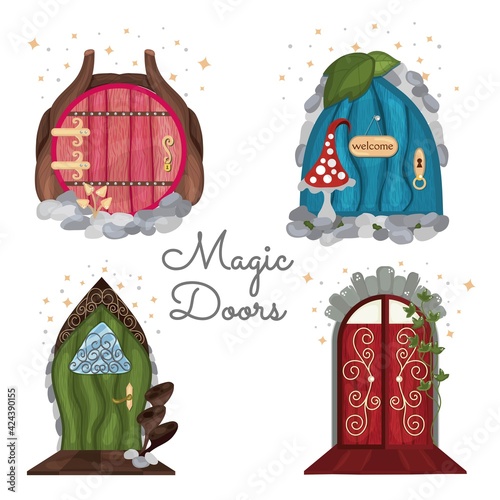 A set of doors. Cartoon style. Vector illustration for games, fairy tales, books. Mystical background. The door leading to the fairy tale. Alchemy cabinet, library. Isolated over white background. photo