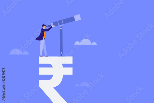 Conceptual illustration of an expert standing on a Rupee symbol and looking through a telescope