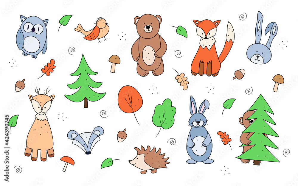 Obraz premium Vector set of colored drawings of forest animals, doodle style. Bear fox owl hare hedgehog badger trees.