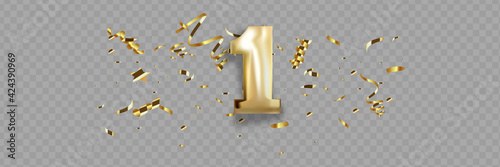 First Anniversary celebration. Golden number 1 with sparkling confetti, stars, glitters and streamer ribbons.