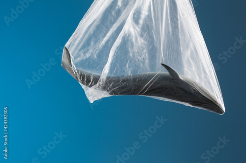 Ocean pollution concept, toy whales in plastic bag on blue background