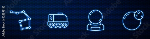 Set line Astronaut helmet, Great Bear constellation, Mars rover and Planet. Glowing neon icon on brick wall. Vector