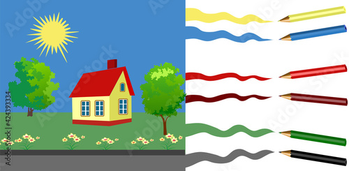 Six colorful pencils drawing the sky, the sun, the field with trees, the house and the flowers on the edge of road. Vector illustration. Pencils and their lines isolated on white background.