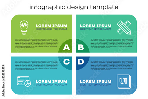 Set line Website statistic, Front end development, UI or UX design and Crossed ruler and pencil. Business infographic template. Vector