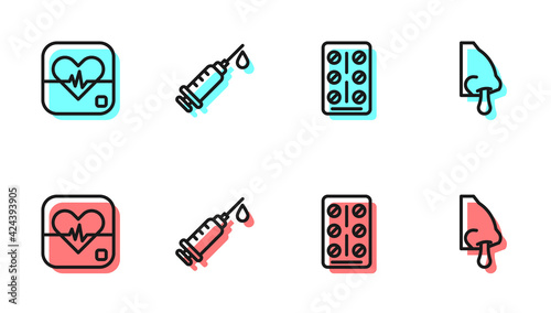 Set line Pills in blister pack, Heart rate, Syringe and Runny nose icon. Vector