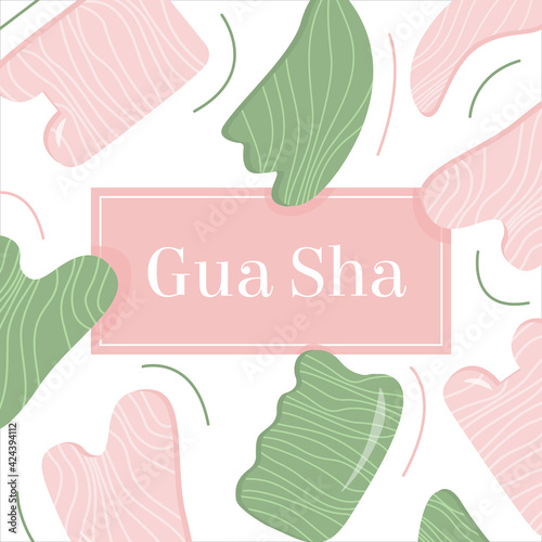 Web banner, Social media post, ad with title Gua Sha. Rose Quartz and Jade Scraping Massage tool. Natural pink and green stone scraper in different shapes. Trendy skin care. Vector flat background.