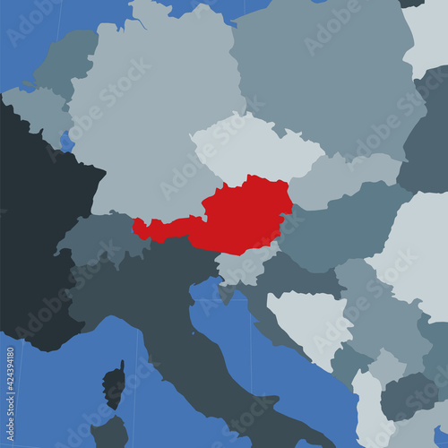 Shape of the Austria in context of neighbour countries. Country highlighted with red color on world map. Austria map template. Vector illustration.