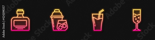 Set line Glass of juice, Whiskey bottle, Cocktail shaker and champagne. Glowing neon icon. Vector