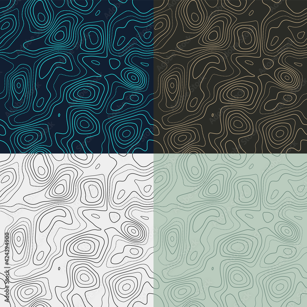 Topography patterns. Seamless elevation map tiles. Artistic isoline background. Amazing tileable patterns. Vector illustration. Topography patterns. Seamless elevation map tiles. Artistic isoline background. Amazing tileable patterns. Vector illustration.