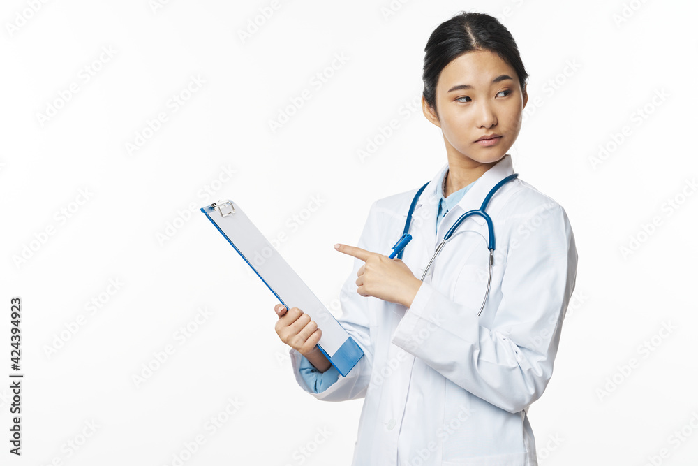 female doctor white coat stethoscope card patient health professional female doctor white coat stethoscope card patient health professional