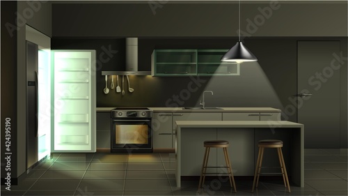 Vector modern realistic kitchen interior in the evening with open fridge with light  with utensils, oven with light, cabinets and shelves with bar stools and bar table. 
