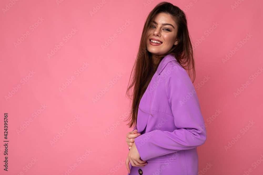 Side-profile Photo of positive young business woman wearing purple suit isolated on background. Copy space Side-profile Photo of positive young business woman wearing purple suit isolated on background. Copy space