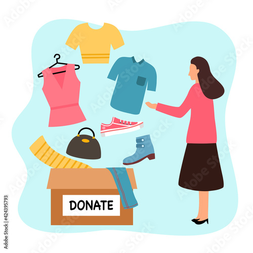 Sharing clothes to people. Clothes donation concept. Woman standing with donate box of clothes and accessories in flat design vector illustration. Time for charity.