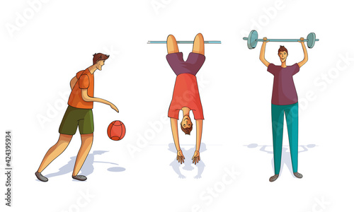 Young Man Playing Basketball, Lifting Barbell and Hanging on Horizontal Bar Vector Set