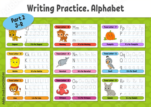 Writing letters. Set tracing page. Practice sheet. Worksheet for kids. Learn alphabet. Cute characters. Vector illustration. Cartoon style.