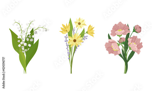 Bunch of Spring Flowers with Fragrant Blossom on Green Stem Vector Set