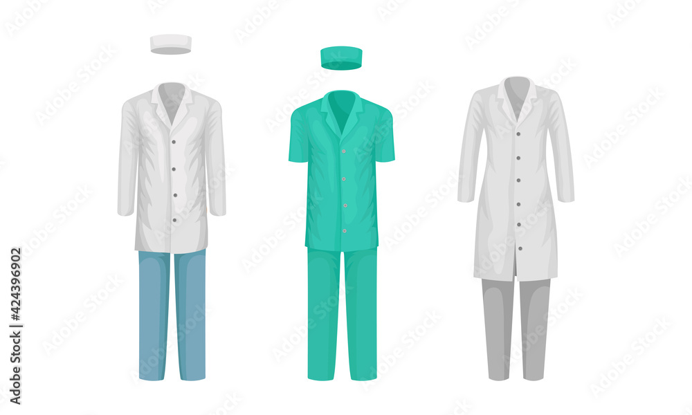 Workwear or Professional Staff Clothing with Nurse and Doctor Outfit Front View Vector Set Workwear or Professional Staff Clothing with Nurse and Doctor Outfit Front View Vector Set