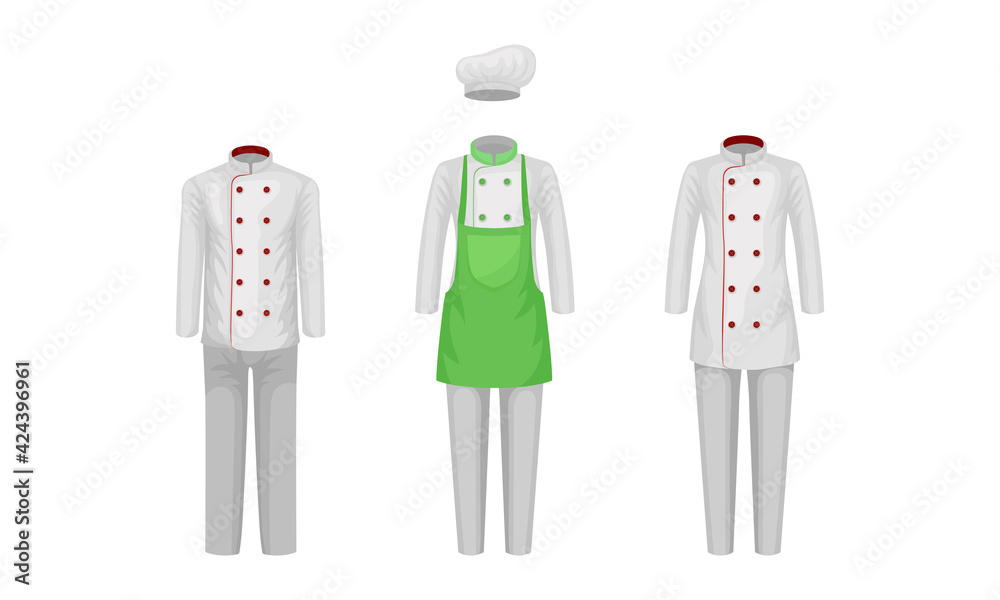Workwear or Professional Staff Clothing with Restaurant Chef Outfit Front View Vector Set Workwear or Professional Staff Clothing with Restaurant Chef Outfit Front View Vector Set