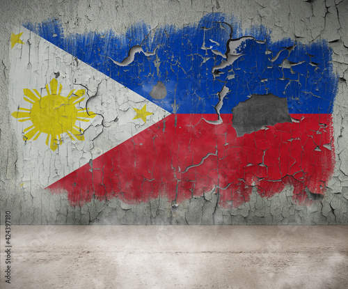Philippines Flag Cracked Paint on empty wall room with smoke Single Flag  