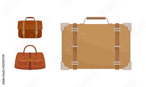 Non-wheeled Luggage or Suitcase Bag and Trunk with Handle Vector Set