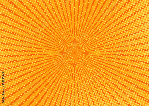 Pop art halftone background. Comic starburst pattern. Orange cartoon banner with dots and rays. Vintage duotone texture. Vector illustration. Gradient wow design. Superhero starburst banner.