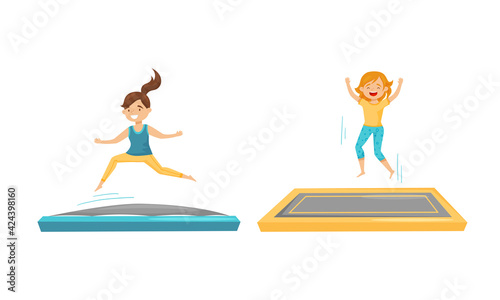 Excited Girls Jumping on Trampoline Bouncing and Having Fun Vector Set