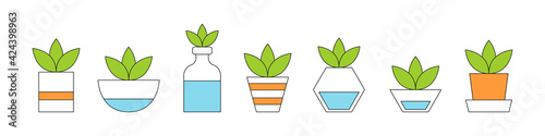 Flower pots icons. Set of colorful pots with flowers isolated on white background. Vector illustration