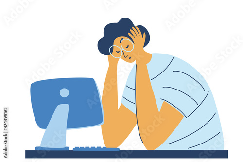 Professional burnout syndrome. Exhausted  tired male manager in office sad sitting with head down. Stress or deadline at work. Frustrated worker mental health problems. Vector illustration
