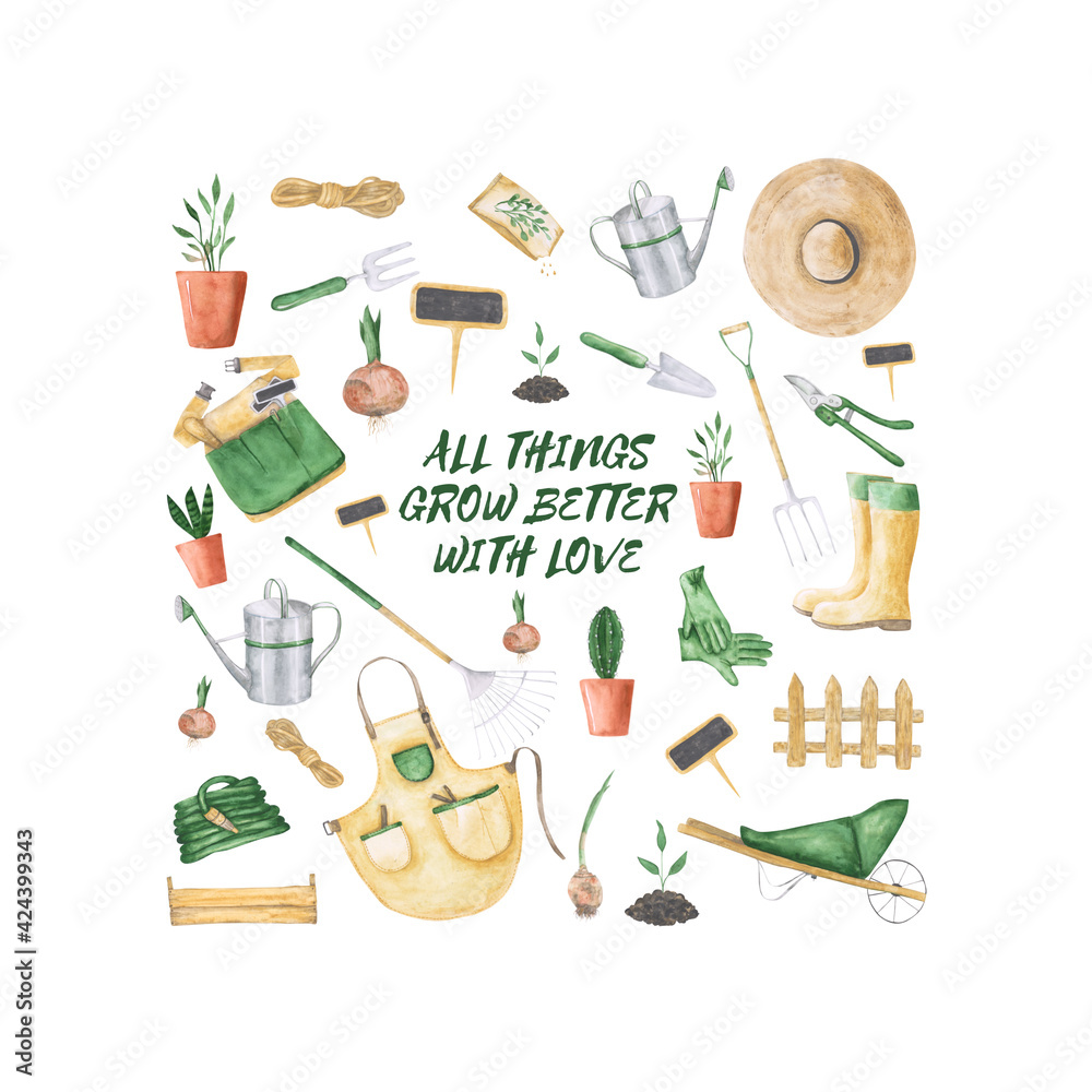 Set of garden tools. Watercolor gardening tools isolated. Composition of a hand-drawn garden clipart. Farmhouse objects. Garden apron, rake, hose, wheelbarrow, rope, spad, wellies, gloves, and more.