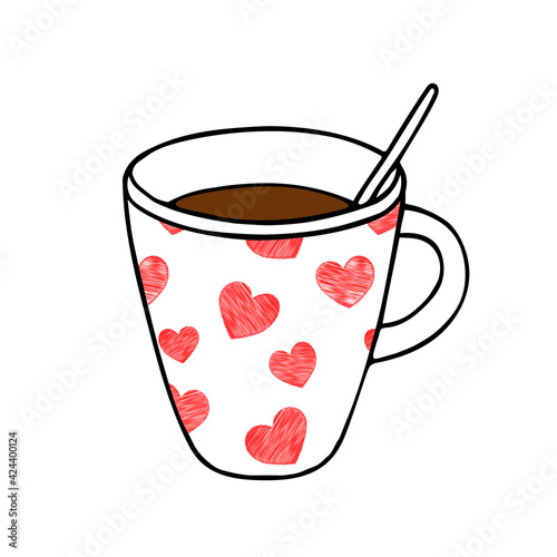 Hand drawing outline vector illustration of a cup of hot tea or coffee with a teaspoon and a red scribble heart pattern isolated on a white background