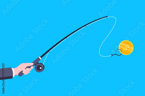 Money bait and money trap business concept. Hand holds fishing rod with hook and banknote dollar flat style design vector illustration isolated on white background. Business risks greed trap metaphor.