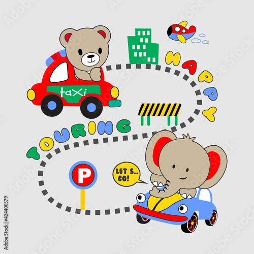 bear elephant ride car cartoon vector 