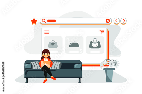 Online Shopping. Lady seating on the couch and ordering ladies purse from online