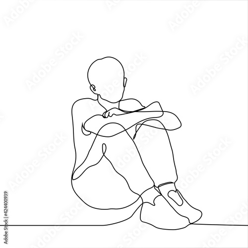 man sits on the floor hugging his knees - one line drawing. Self-comfort concept, informal sitting on the floor, loneliness