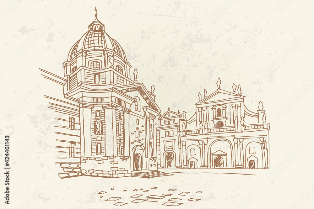 vector sketch of Saint Francis Of Assisi Church in Prague, Czech Republic.