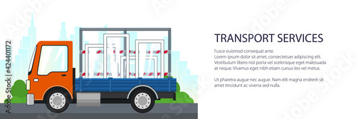 Small truck with windows on the background of the city, banner of transport services and logistics, shipping and freight of goods, vector illustration
