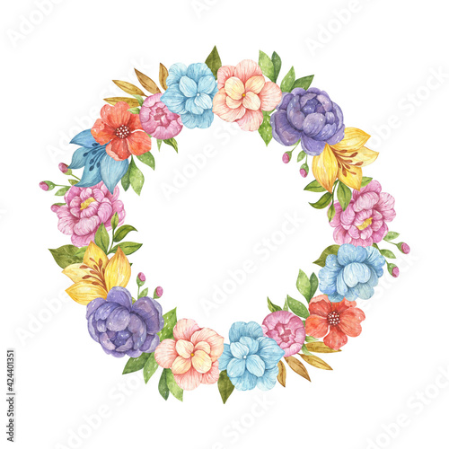 Fototapeta Naklejka Na Ścianę i Meble -  floral wreath, watercolor flowers, frame with flowers, flowers clipart, bouquet, wedding design, invitation