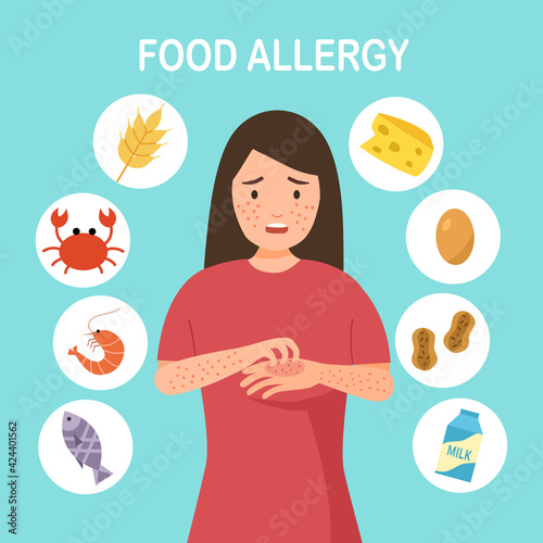 Woman having food allergy symptom to products like seafood, gluten, egg, peanut and milk in flat design. Female got red spots on her skin.