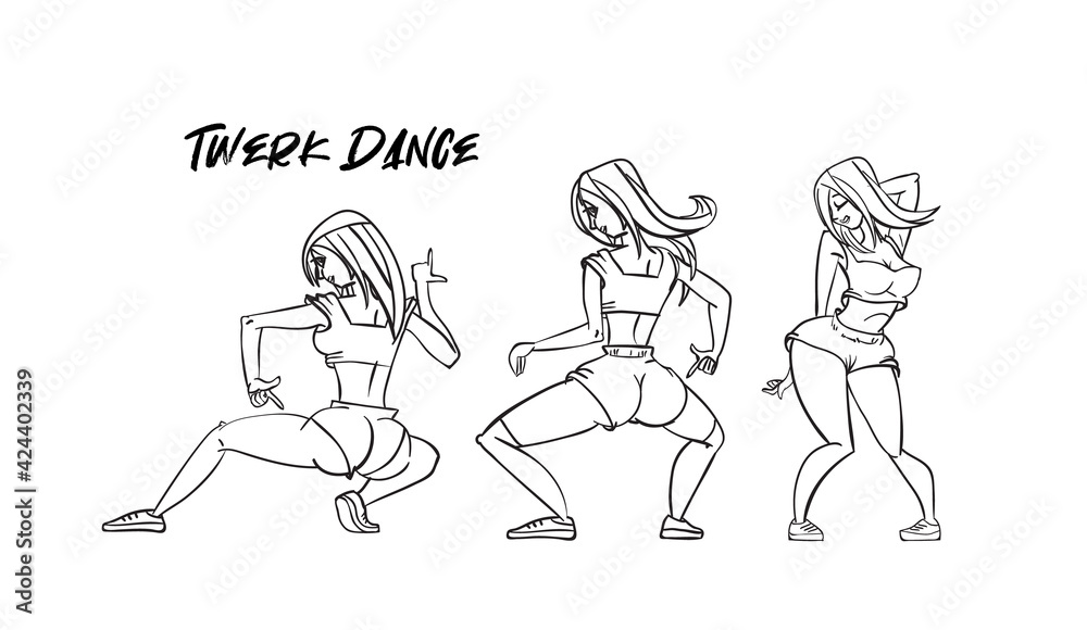 Fototapeta premium Twerk poster design. Cartoon style girl. Poster for booty dance course or battle. Vector illustration.