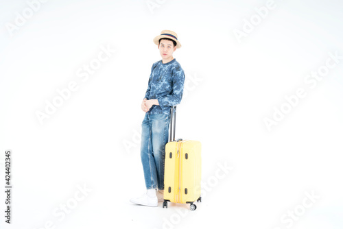Asian tourist man with baggage on white background.