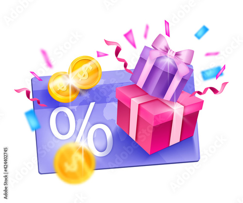 Loyalty program, customer gift reward bonus card vector illustration, present box, gold coins, confetti. Online shopping discount, sale client voucher design. Loyalty program, cash back advertisement