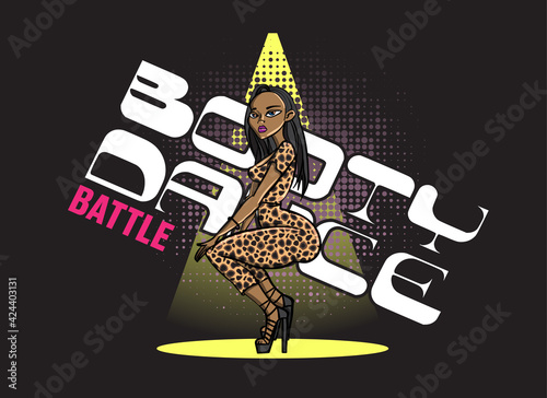 Twerk poster design. Cartoon style girl. Poster for booty dance course or battle. Vector illustration.