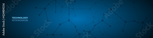 Abstract molecules on navy blue wide horizontal banner. Medical design, scientific and technological concept. Molecular structures or dna strand with plexus background and space for your text.